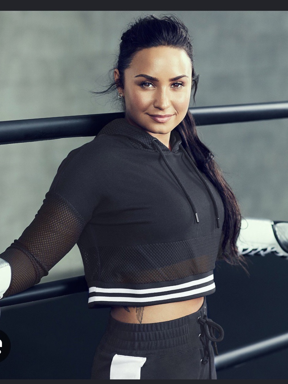 Fabletics Black Cropped Mesh Hoodie with Striped Hem🔥 Demi Lovato line